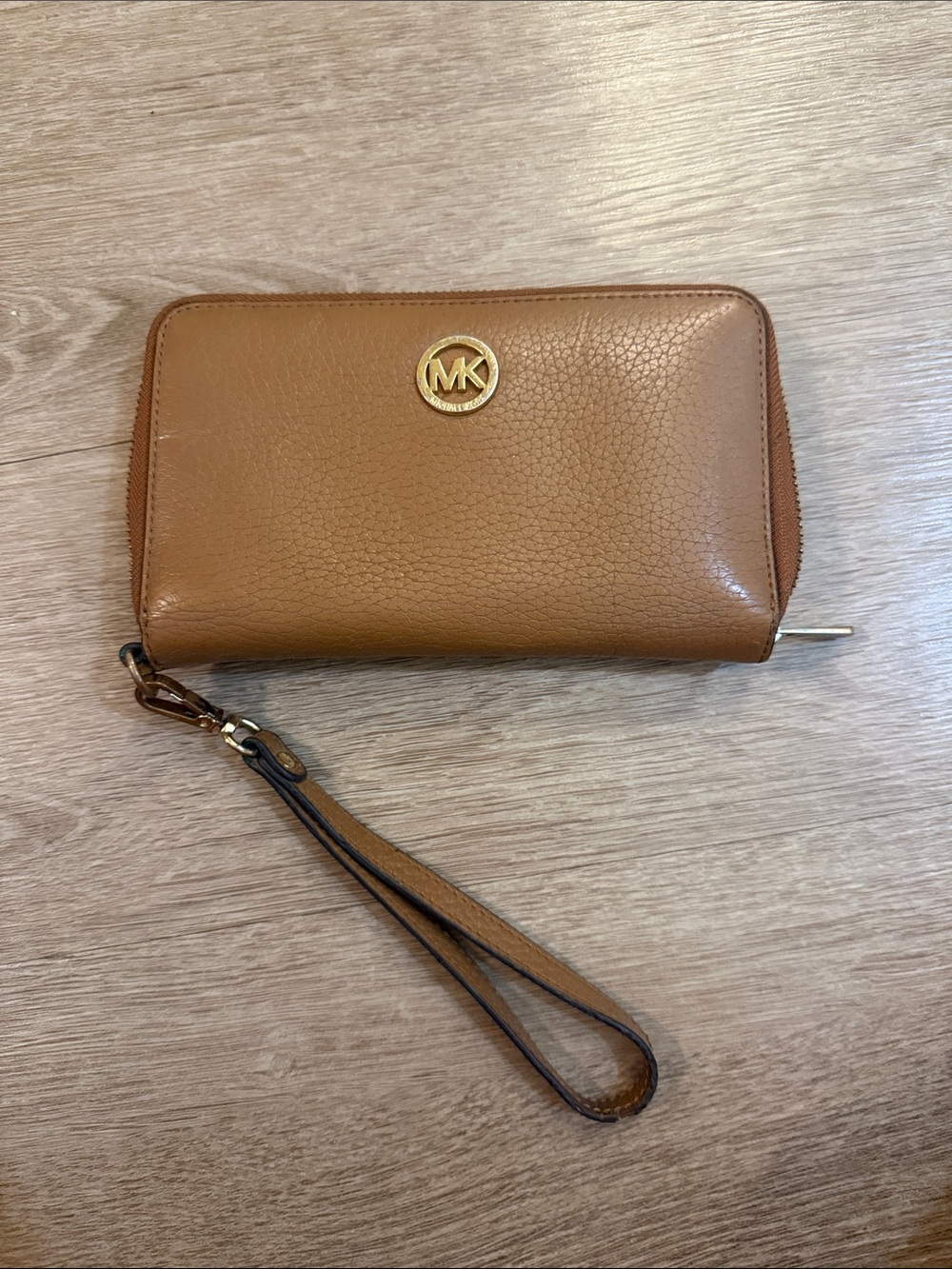 Michael Kors Caramel Brown Leather Wristlet with Gold MK Emblem